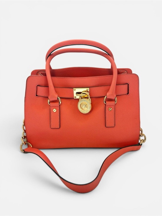 Michael Kors Handbags - Michael Kors Hamilton Coral Pink Saffiano Leather Satchel Bag Gold Lock